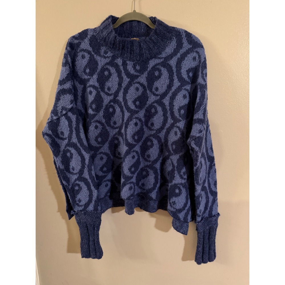 Free People Yin Yang Sweater Blue Mock Neck Oversized Knit Pullover XS